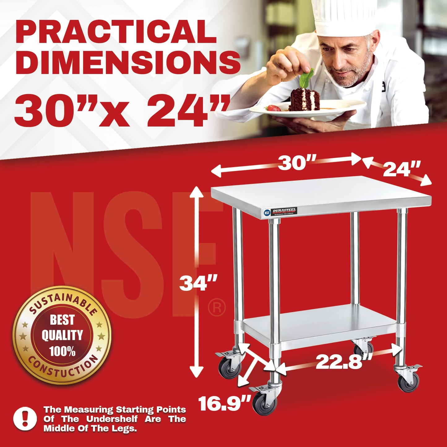 DuraSteel 30x24 NSF Stainless Steel Cart Work Table - Heavy Duty Rolling Food Prep Table - Metal Utility Cart on Wheels Caster, Grill Stand Microwave Outdoor Kitchen Tables Countertop Island Large Top
