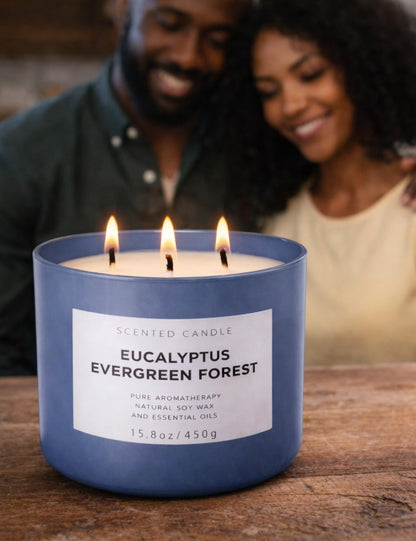 Eucalyptus Evergreen Forest 3-Wick Soy Candle | 15.8 oz Large Scented Candle for Home | Clean Burn Long Lasting | Balsam Fir Fresh Forest Scent | Gift Ready
