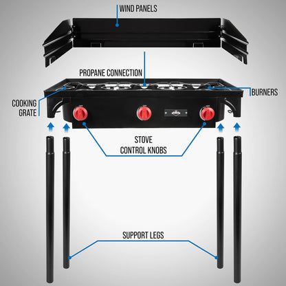 Hike Crew Cast Iron 3-Burner Outdoor Gas Stove | 225,000 BTU Portable Propane Cooktop w/Blue Flame Control, Removable Legs, Temperature Control Knobs, Wind Panel, Hose, Regulator & Storage Carry Case