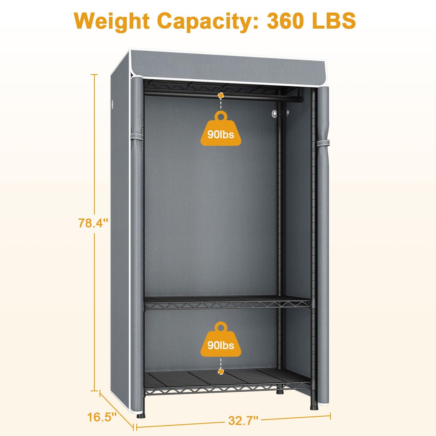 ULIFHOME H5C Clothes Rack with Cover, Portable Closet for Hanging Clothes, Covered Clothing Racks Heavy Duty, Garment Racks with Shelves, Max Load 360LBS, Black Closet Rack with Gray Cover