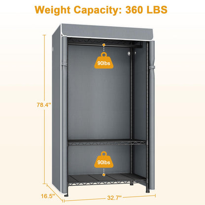 ULIFHOME H5C Clothes Rack with Cover, Portable Closet for Hanging Clothes, Covered Clothing Racks Heavy Duty, Garment Racks with Shelves, Max Load 360LBS, Black Closet Rack with Gray Cover