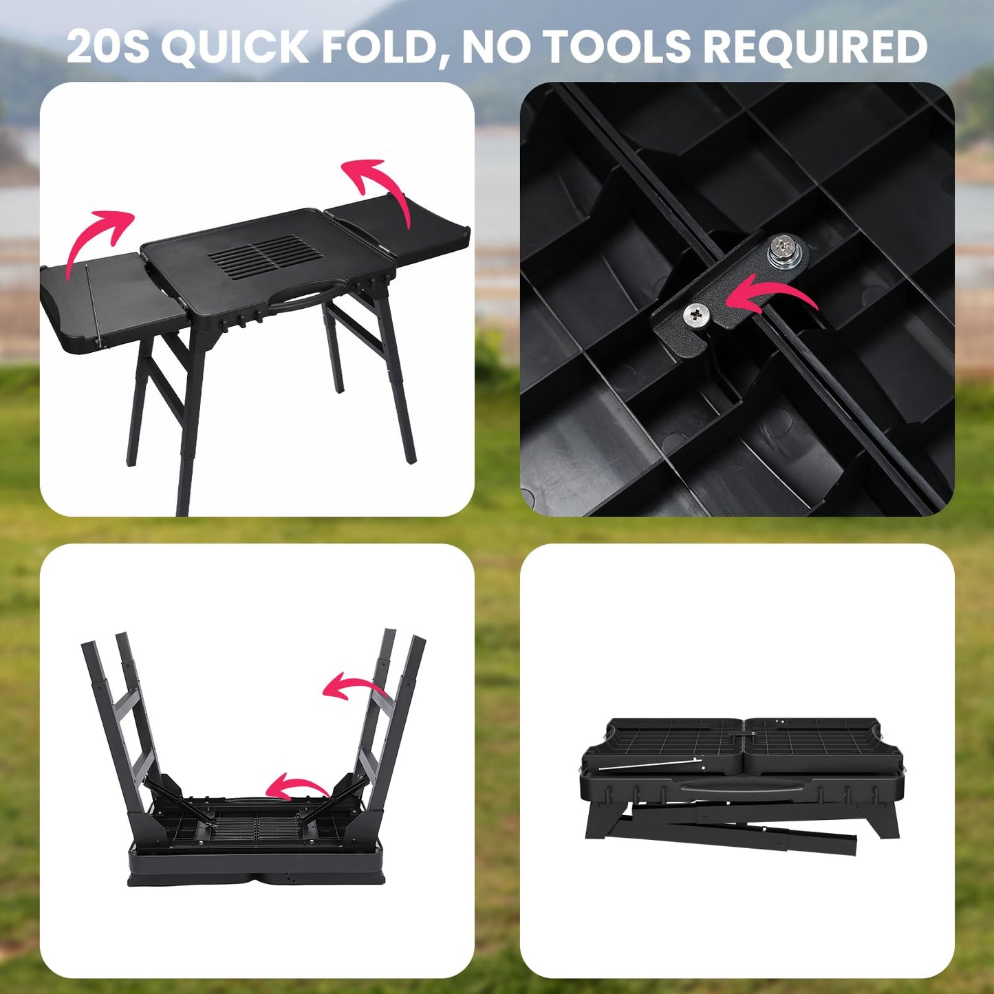 GRISUN Universal Folding Grill Cart | Portable Stand for Ninja Woodfire OG700/OG800/OG900, Blackstone, Ooni | 3-Height Adjustable