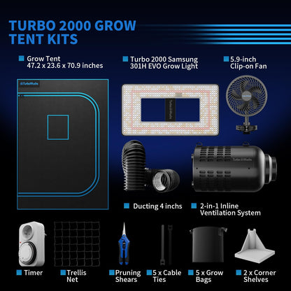 Grow Tent Kit Complete System 4x2 ft, 240W Dimmable LED Grow Light with LM301H EVO & Timer, 1680D Mylar Tent, 4 Inch Smart Ventilation System with Carbon Filter & Clip Fan