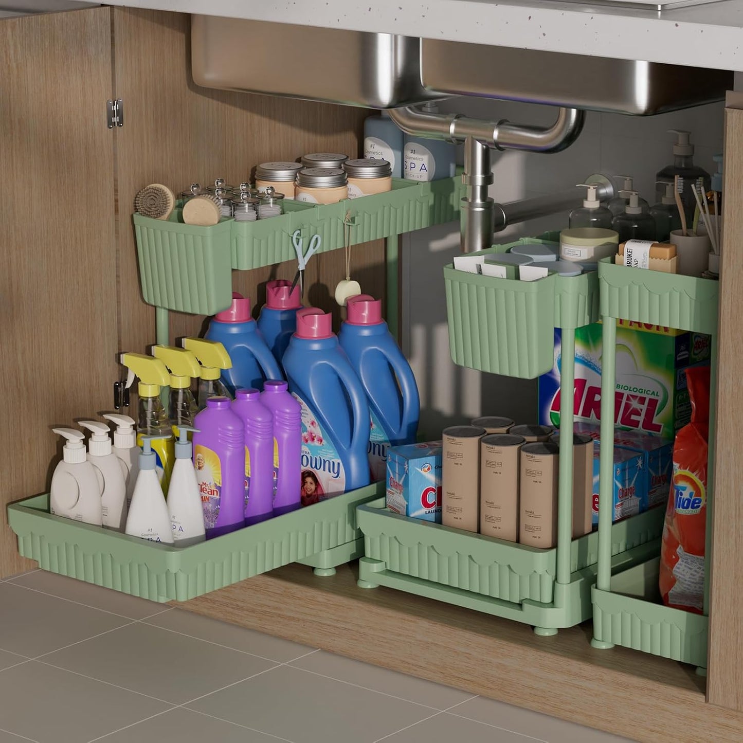 Sevenblue Multi-Purpose Under Sink Organizers - 3 Pack L-Shaped Pull Out Storage for Bathroom & Kitchen | Green, 14.85 Inch