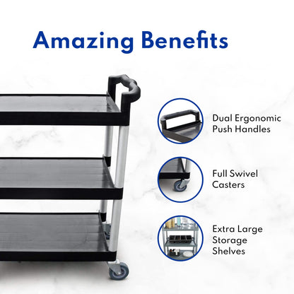 New Star Foodservice Heavy-Duty 3-Tier Plastic Utility Bus Cart with Locking Casters, 350 lb Capacity, 42.5 x 19.5 x 38.5 Inch, Black