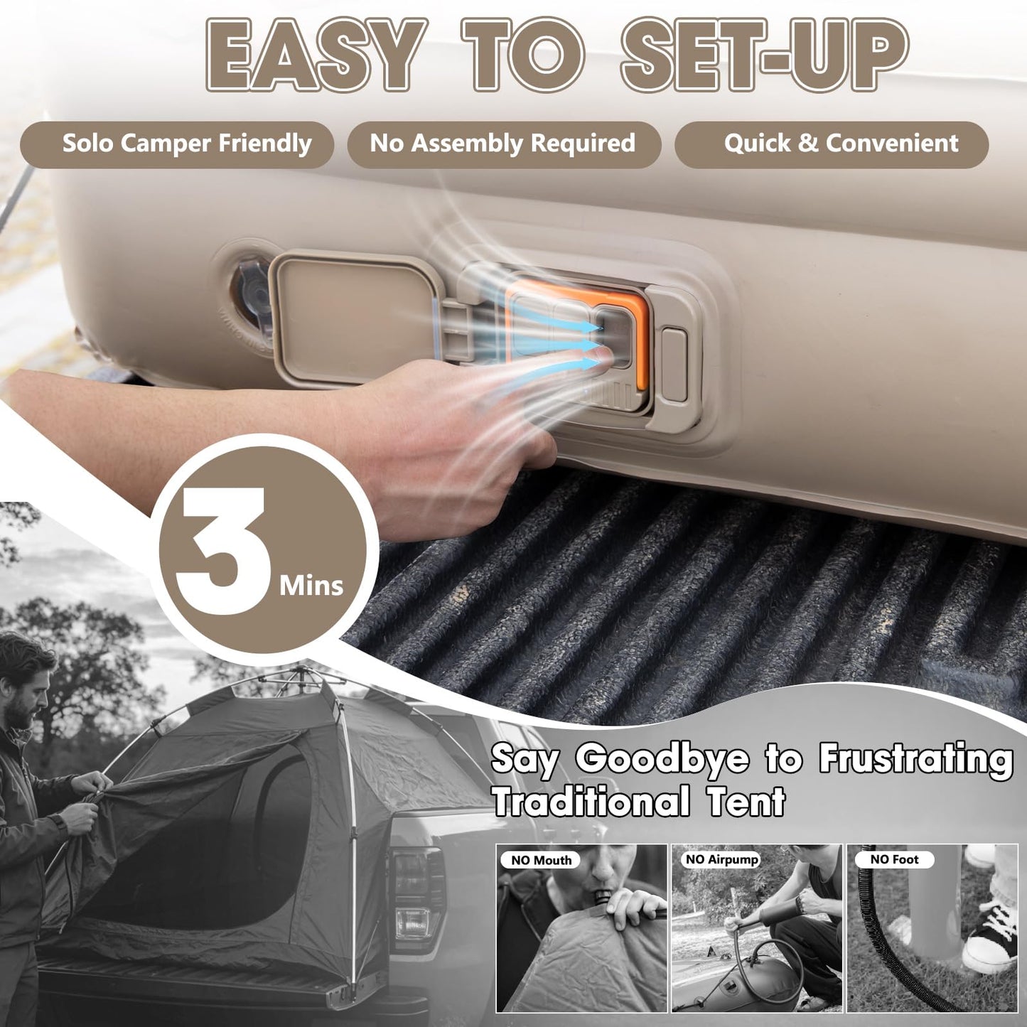 Afurkuot Inflatable Truck Tent & Air Mattress with Built-in Pump and Inflatable Pillow, Waterproof PU2000mm Double Layer Air Mattress Pickup Trcuks Tent for Road Trip Camping Outdoor Travel