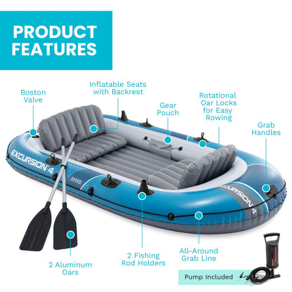 INTEX 66324EP Excursion 4 Inflatable Boat Set: Includes Deluxe 54in Aluminum Oars and High-Output Pump – Adjustable Seats with Backrest – Fishing Rod Holders – 4-Person – 1100lb Weight Capacity