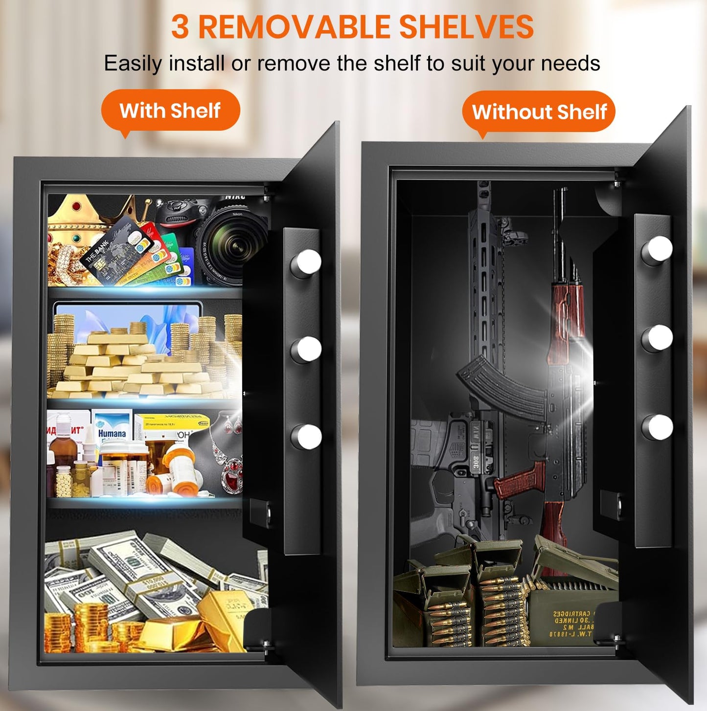 6.1 Cuft Heavy Duty Fire Security Home Safe Box, Large Floor Safe with Digital Keypad & Key Lock, Fire Proof Safes for Home with Three Removable Shelf, Anti-theft Tall Safes for Money, Cash, Documents