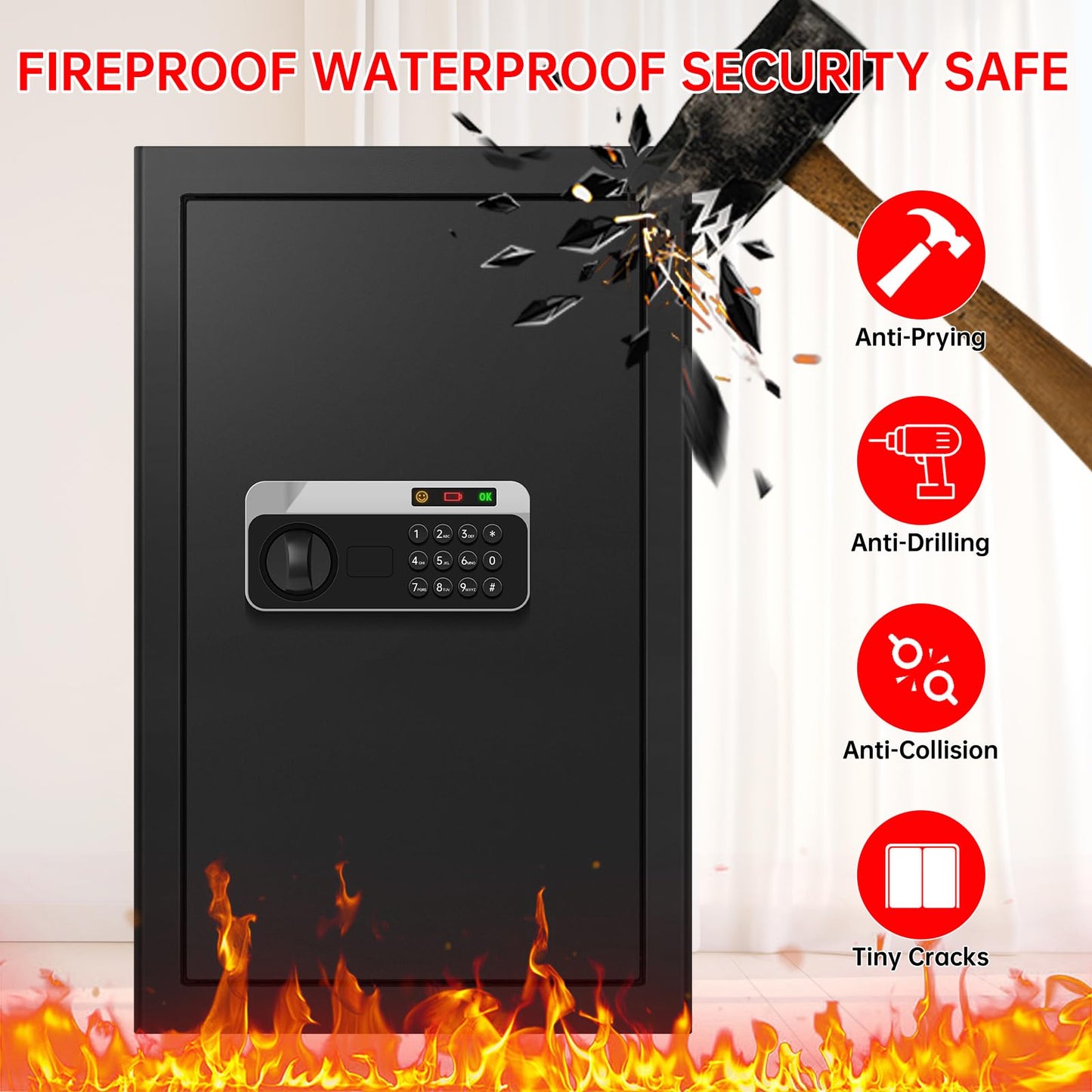 5.2 Cuft Large Floor Safe, Heavy Duty Fire Proof Safes for Home Use with Digital Keypad, Removable Shelves and Alarm System, Anti-theft Home Safe for Documents Money