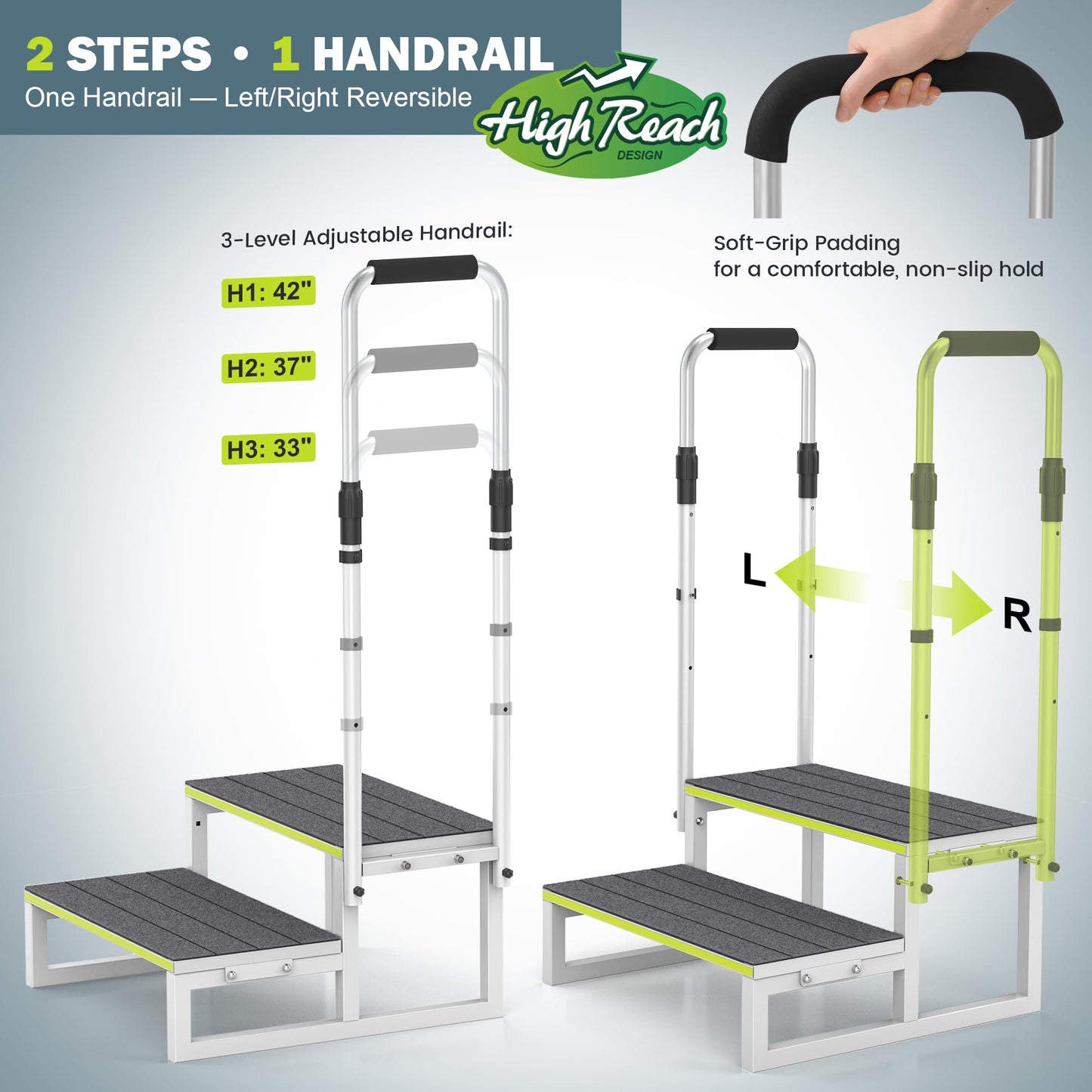 DEPSUNNY RV Step Stool with Handrail, 2 Steps 1 Handrail, Wider Platform, Anti-Slip Mats, Step Stool with Handle for Elderly, Portable RV Stairs for Hot Tub/Camper/Mobile Home/SPA Pool/Pet Stairs