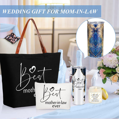 Domensi 4 Pack Mom Gifts Best Mother in Law Ever Gift Tote Bag 20oz Tumbler Cup Makeup Bag Mother in Law Scented Candle for Mothers Day Women(Navy Blue)