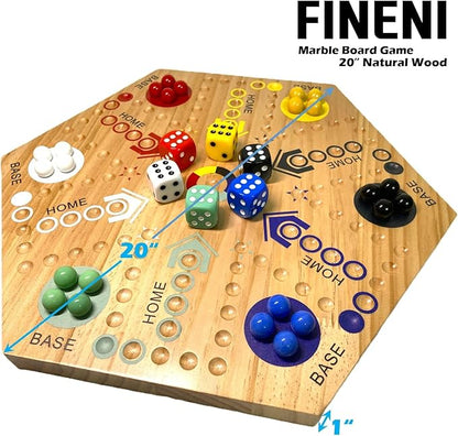 Wooden Board Games Marble Board Game Original with Dual Sides Fast Track Games for 2 to 6 Players Double Side Marble Boards 6 Colors 30 Marbles and 6 Color 6 Dice Pouch (20 Log)