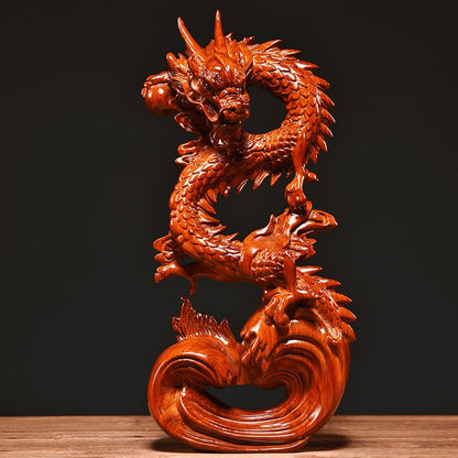 Otjidku Feng Shui Dragon Statue- Chinese Dragon on Wood Sculpture Figurine Ornament Attract Wealth and Good Luck Office Home Decor (Red) (7 Inch)