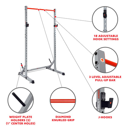 Sunny Health & Fitness Squat Stand Power Rack for Weightlifting - Multifunction Bench Press Squat Rack with Adjustable Pull Up Bar for Home Gym - SF-XF922059