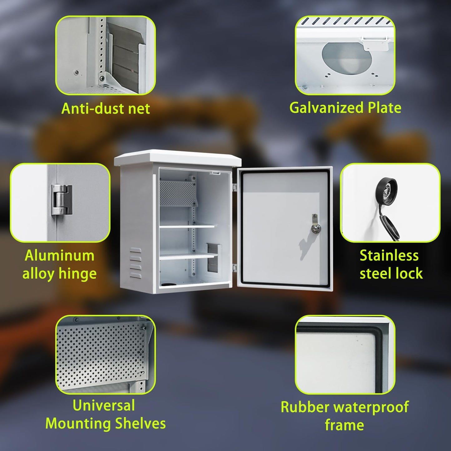 Metal Outdoor Enclosure with Rain Hood Electrical Box Weatherproof WiFi/Network Enclosure Breaker Box with Fan-Vent Design Cable Project Cabinet with Mounting Track Hole in Back 16X20X10
