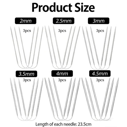 18 Pcs Stainless Steel Circular Knitting Needles Set, Crazy Trio Style Sock Knitting Needles for Hats & Gloves, Sizes 2–4.5 mm, Complete Crochet & Knitting Set for Beginners