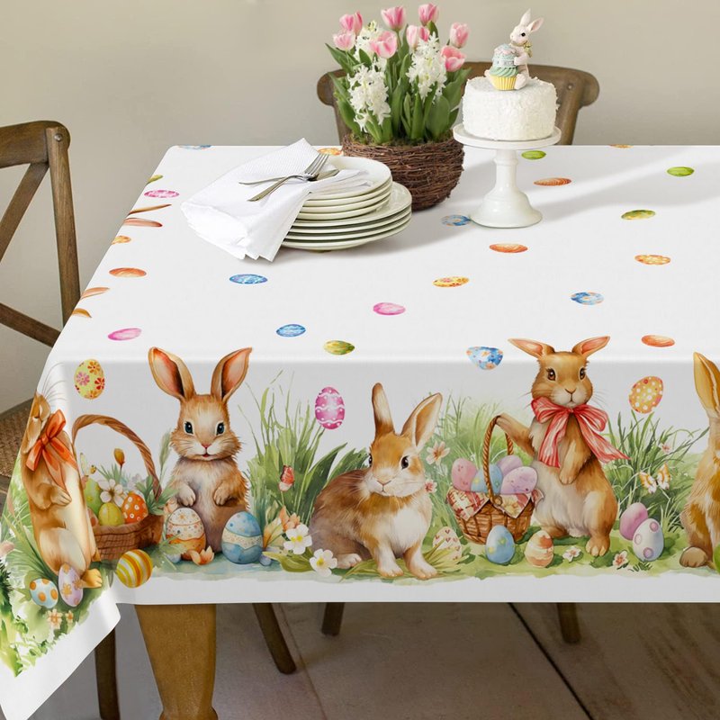 Roszwtit Spring Easter Tablecloth, Easter Eggs Bunny Floral Table Cloth Waterproof, Spring Rabbit Flowers Kitchen Table Decor for Dining Holiday Party 60x84 Inch Rectangle