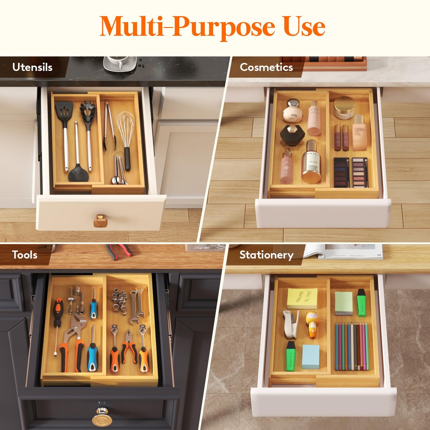 Lifewit Utensil Organizer for Kitchen Drawer, Expandable 13 to 22.4 Inches Wide, Adjustable Cooking Silverware Tray, Bamboo Cutlery Flatware Holder, Spatula Tools and Gadgets Storage Divider, Natural