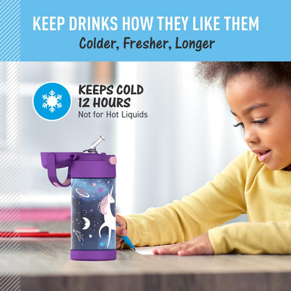 THERMOS FUNTAINER Water Bottle - 12 Ounce Kids Stainless Steel Vacuum Insulated | Space Unicorn Design
