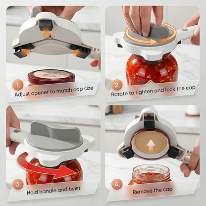 Skiennix 4-in-1 Adjustable Jar Opener - Ergonomic Non-Slip Handle for Weak Hands & Seniors | Multi-Size Lid Remover (Grey)