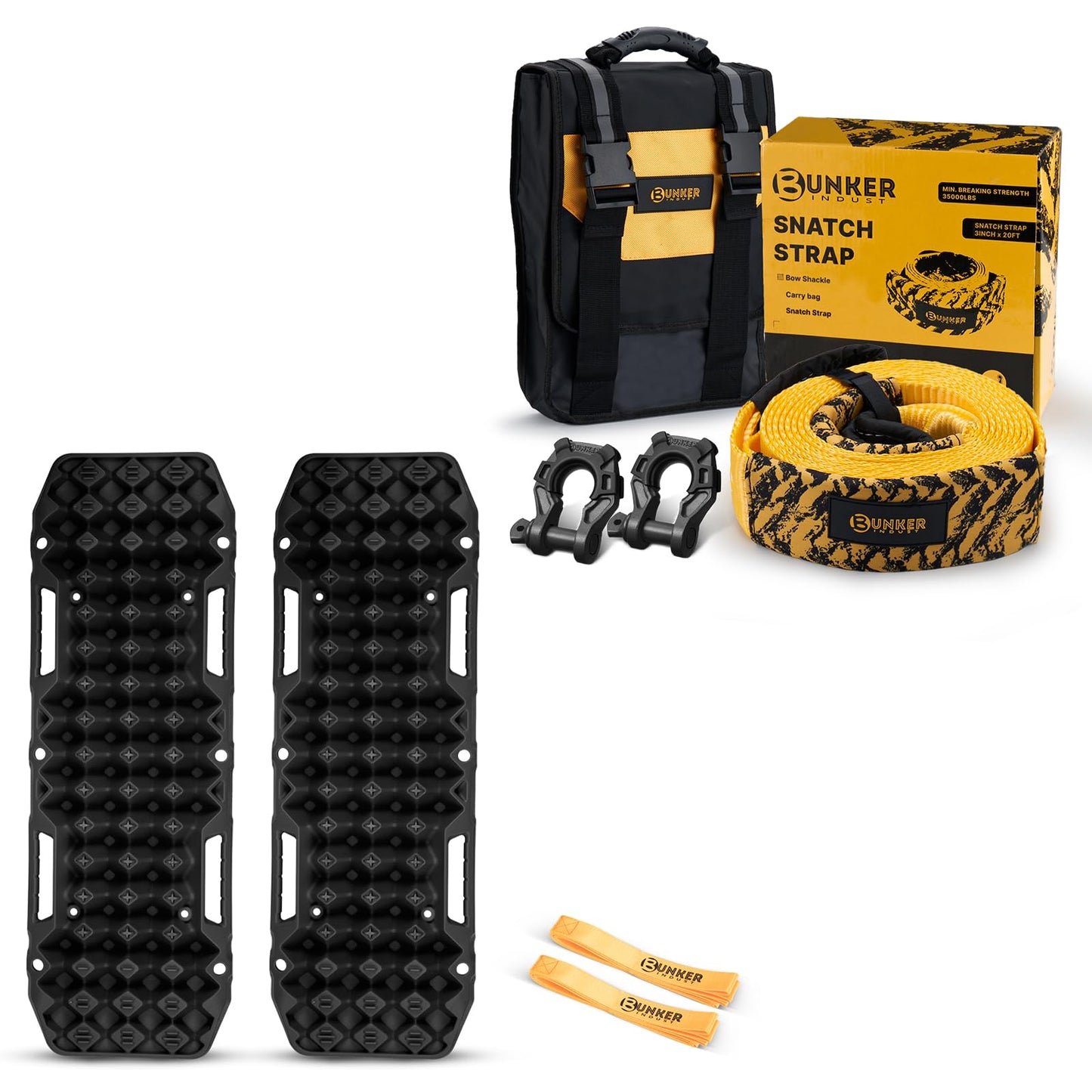 BUNKER INDUST 2 Pcs Traction Boards Black + 3" x 20ft Recovery Straps + Pair 3/4 D Ring Shackles + Bag