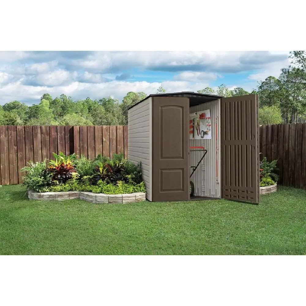 Rubbermaid Large Vertical Resin Outdoor Storage Shed With Floor (5 x 6 Ft), Weather Resistant, Brown, Organization for Home/Backyard/Garden Tools/Lawn Mower/Bike Storage/Pool Supplies