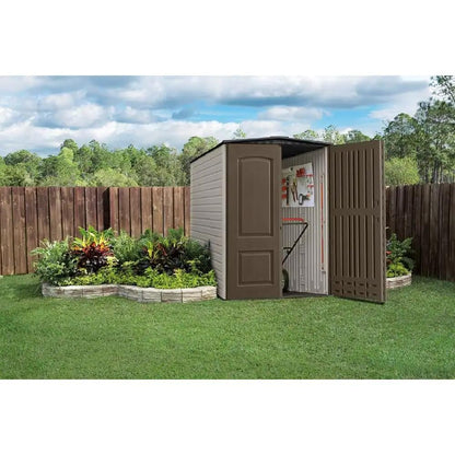 Rubbermaid Large Vertical Resin Outdoor Storage Shed With Floor (5 x 6 Ft), Weather Resistant, Brown, Organization for Home/Backyard/Garden Tools/Lawn Mower/Bike Storage/Pool Supplies