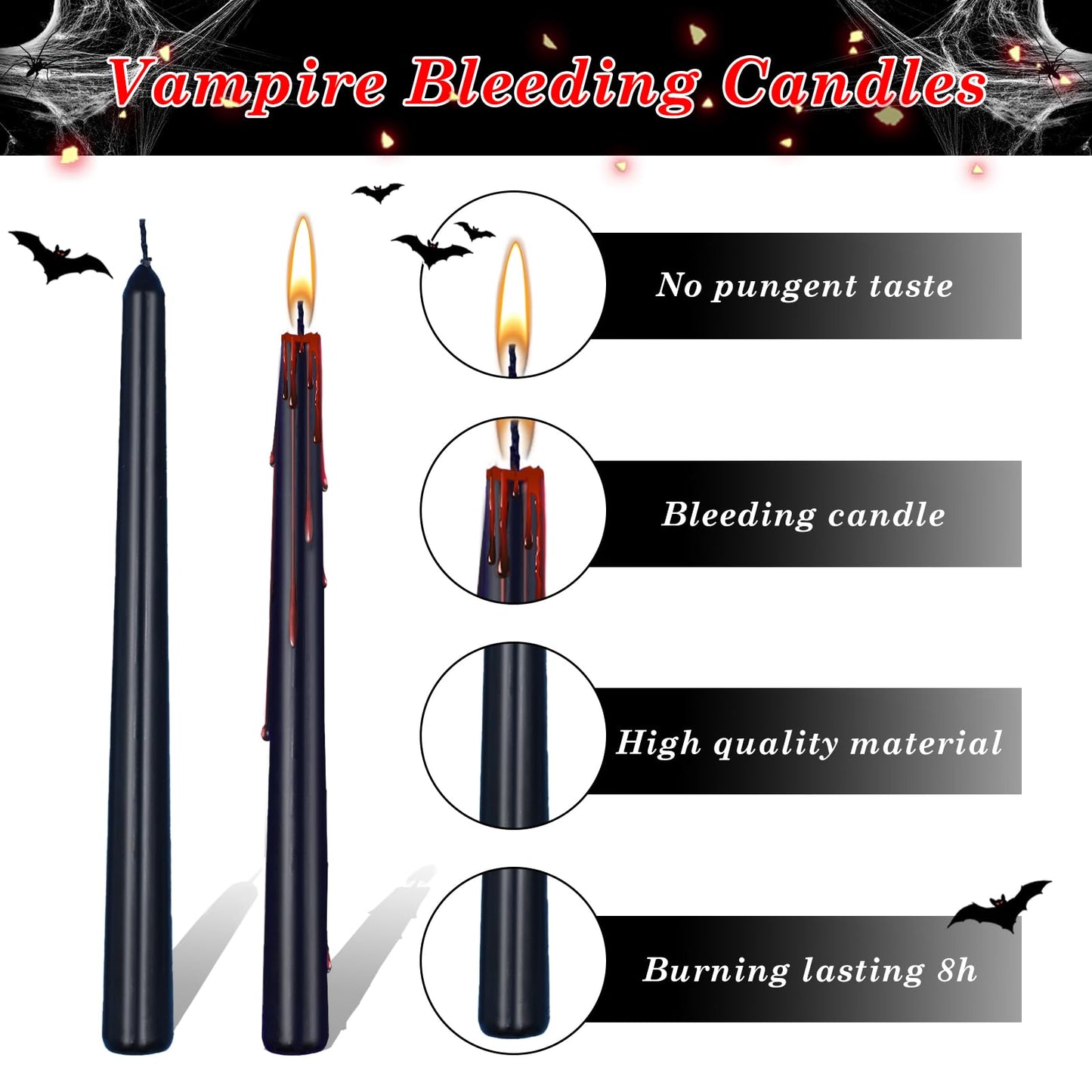 Kenburg Halloween Bleeding Candles Set of 5, 10 in Vampire Tears Black Taper Candles for Home Decor, Gothic About 8 Hour Burn, Party Spooky Decorations