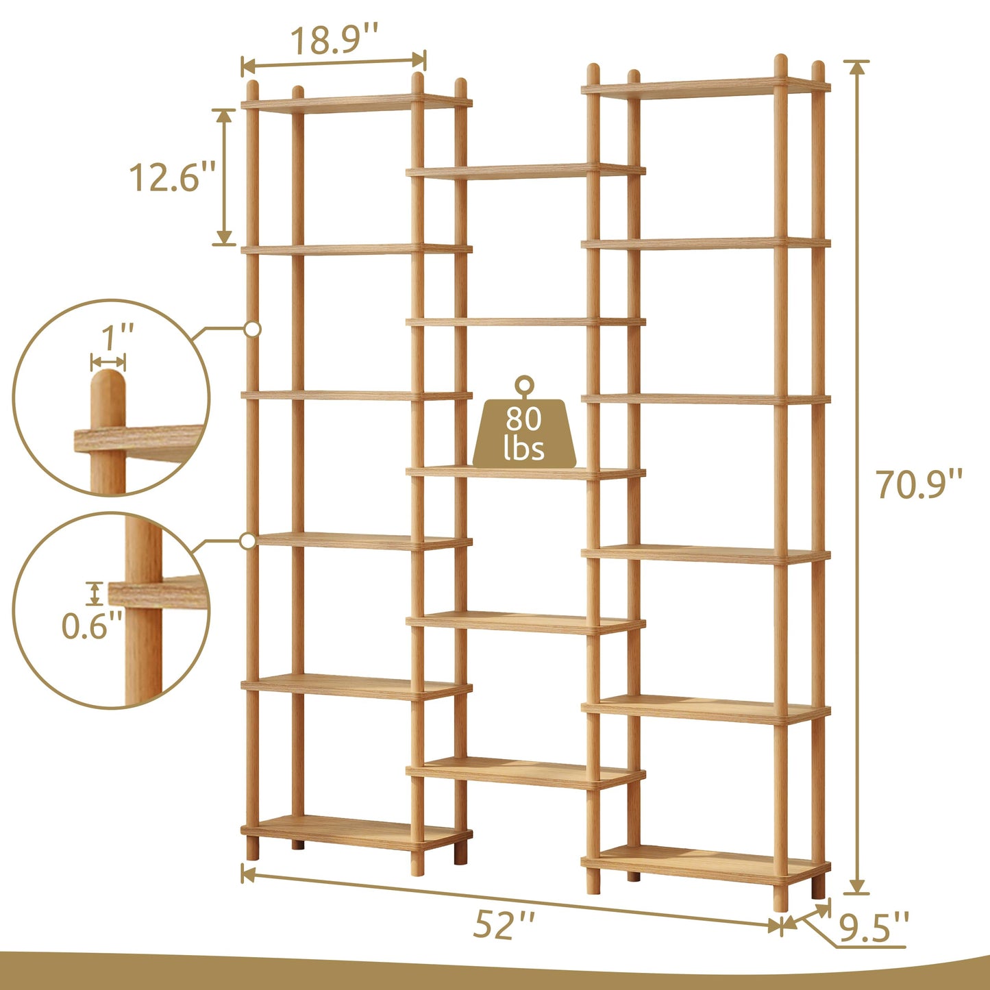 IOTXY Wooden Triple Wide Bookshelf - 6-Tier Large Shelf Bookcase with Solid Beech Frame, Tall Freestanding Open Etagere Display Rack for Home Office, Oak