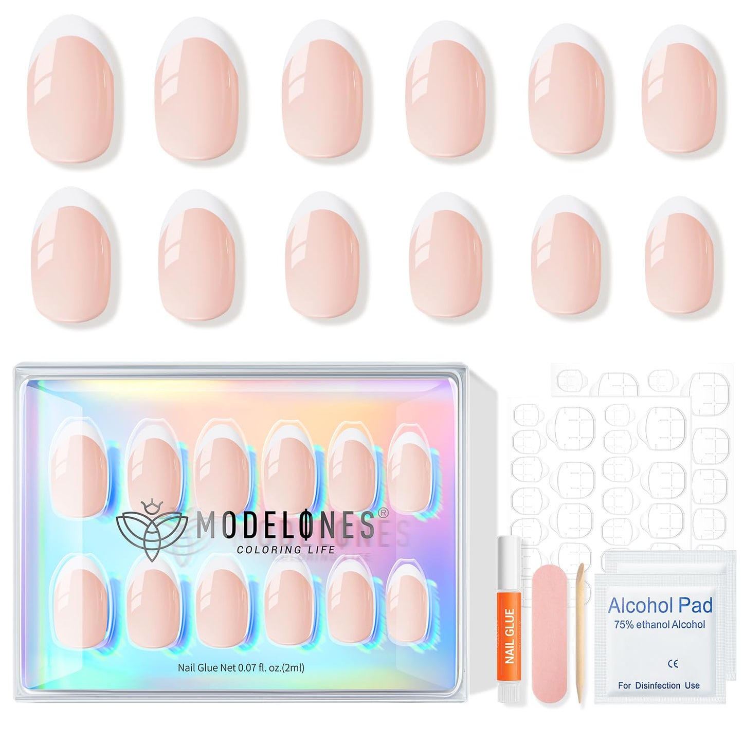 modelones Pink Short Press on Nails, Fall Halloween Oval Fake Nails Kit Press Ons with Nail Glue, Adhesive Tabs, Nail File, Prep Pad, Manicure Stick, 32Pcs 16 Sizes