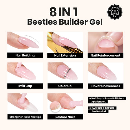 Beetles Builder Gel Set,3 Pcs 8 in 1 Nail Strengthening Apex Building Extension for Beginner DIY Salon at Home,Clear Builder Nail for Nails with Base and Top Coat Gel,UV & LED Lamp Needed