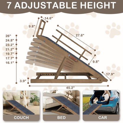 Dog Ramp for Beds, Cars, Couches, Dog Steps Anti-Slip Surface, Dogs Ramps for Old Small Pet,High Traction with Platform, 7 Adjustable Heights 16" to 27" Up, Portable Stairs Design for Dogs, 45.3" Long