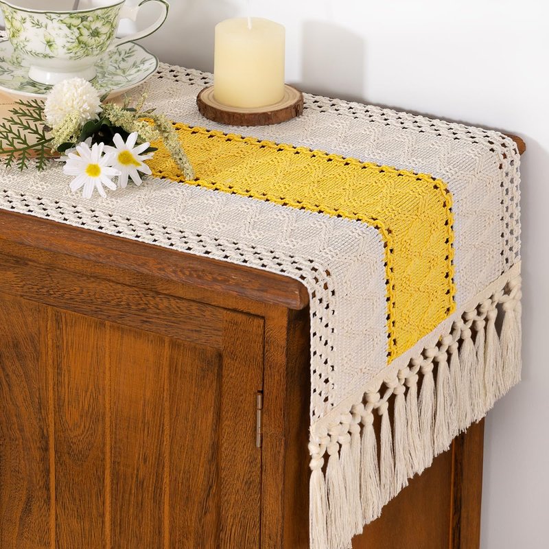 Socomi Boho Table Runner Easter Spring Farmhouse Rustic Dining Kitchen Centerpiece Decor Small Macrame Woven Cotton Coffee Table Runner for Dresser Scarf Home Decor 12x36 in Yellow Gold Ivory