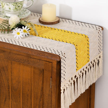 Socomi Boho Table Runner Easter Spring Farmhouse Rustic Dining Kitchen Centerpiece Decor Small Macrame Woven Cotton Coffee Table Runner for Dresser Scarf Home Decor 12x36 in Yellow Gold Ivory