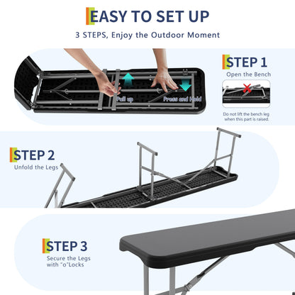 Garvee 6FT Folding Bench 2 Pack, Plastic Portable Folding Bench Seat with Carry Handle & Lock for in/Outdoor Activities, Picnic, Soccer, Caming Dining Seat, Black