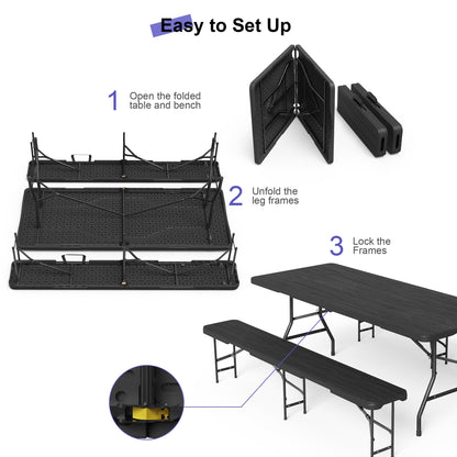 VSOAEIL 6 Foot Folding Picnic Table Set with 2 Benches, HDPE Tree Pattern Top, 3-Piece Portable Indoor Outdoor Furniture with Safety Locks & Handle for Party Camping, Black