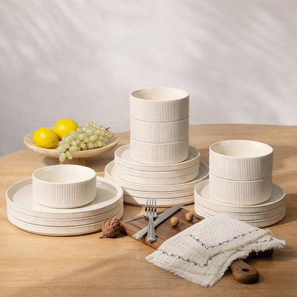 GBHOME Stoneware Dinnerware Sets for 6, 18 Pieces Ceramic Ribbed Plates and Bowls Set, Reactive Glaze Stackable Plate Sets, Scratch Resistant Dishes, Microwave & Dishwasher Safe