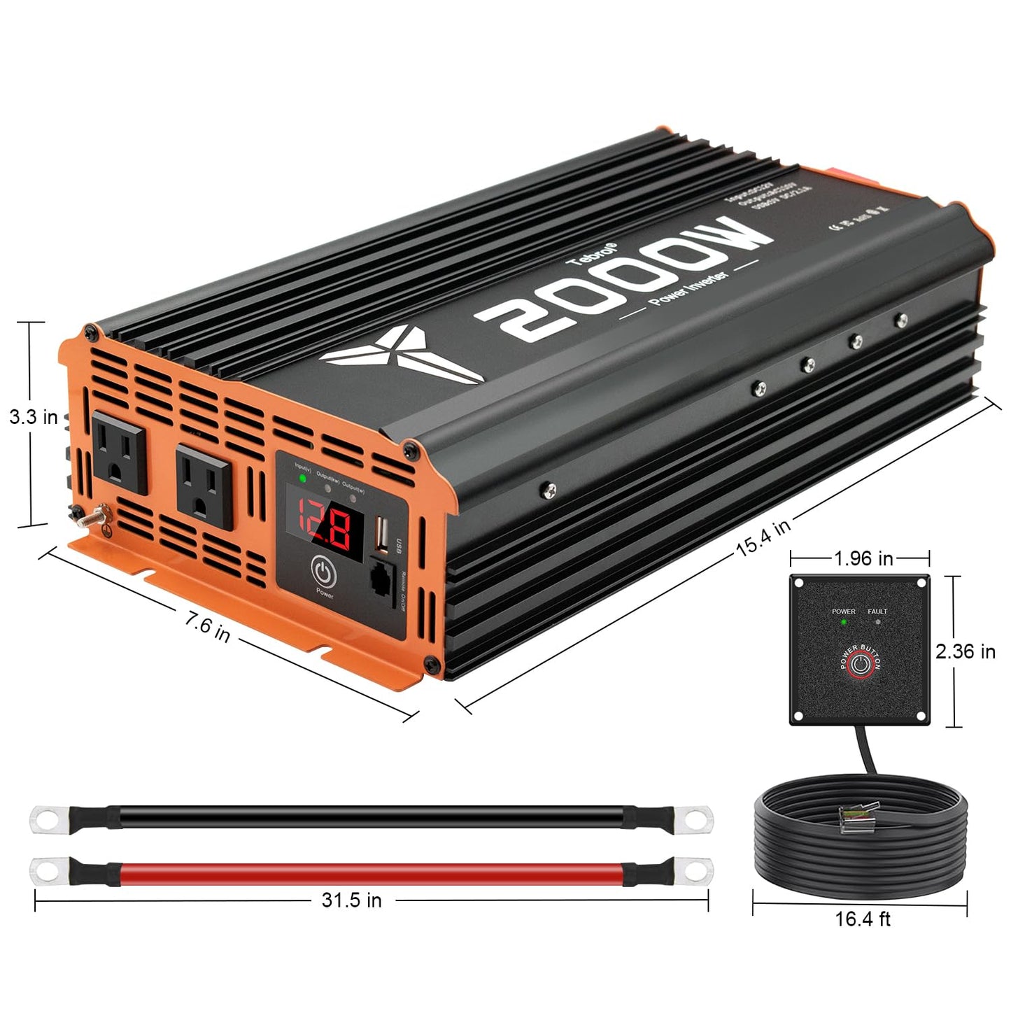 2000W Inverter 12V DC to 110V AC Converter for Home, RV, Truck, Off-Grid Solar Power Inverter with Built-in 5V/2.1A USB, AC Hardwire Port, Remote Controller