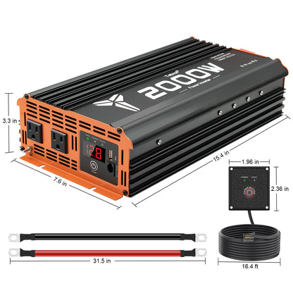 2000W Inverter 12V DC to 110V AC Converter for Home, RV, Truck, Off-Grid Solar Power Inverter with Built-in 5V/2.1A USB, AC Hardwire Port, Remote Controller