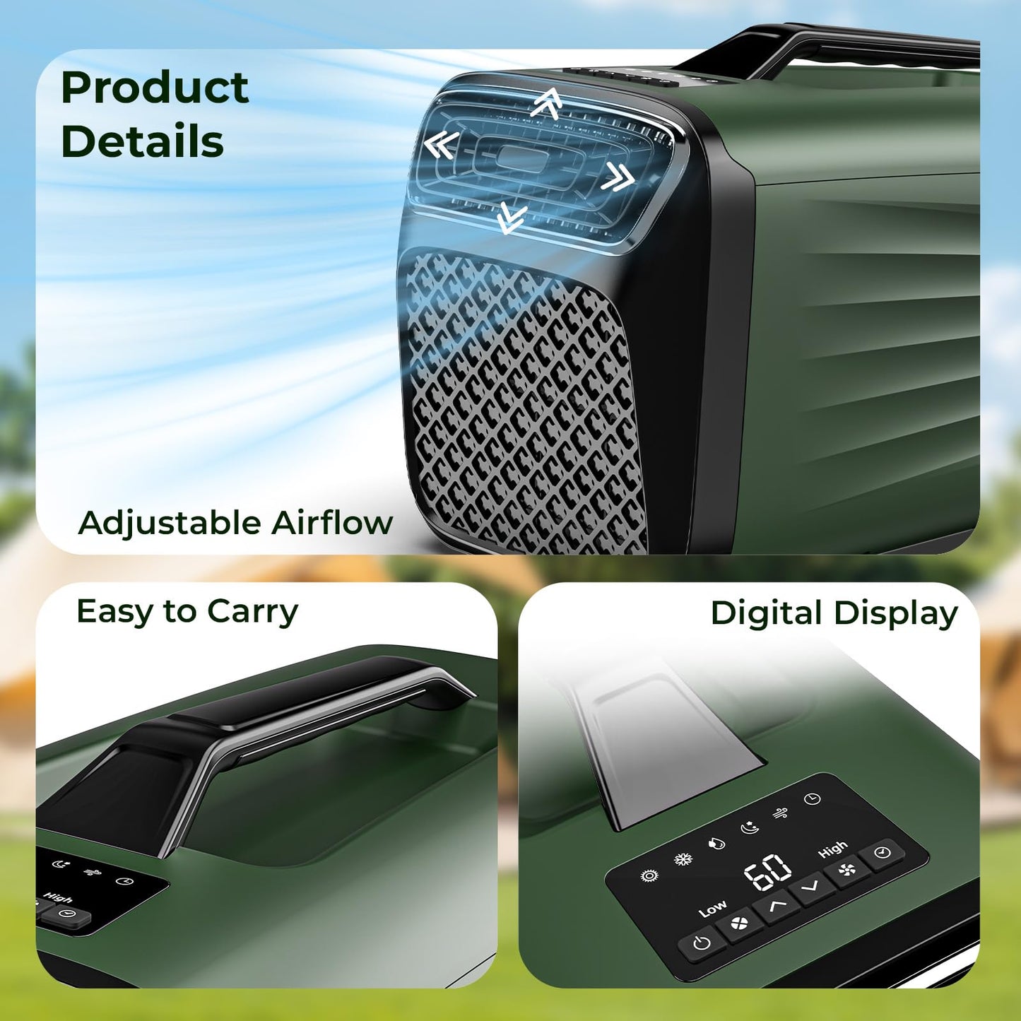 5200 BTU Portable Tent Air Conditioner for Camping, RV, Truck, Fishing. 400W Consumption Fast Cooling AC Unit for Outdoor Indoor Using, 4-in-1 Portable AC for Road Trips, Camping Adventures(Green)