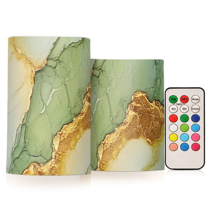 famyily Marble Sage Green Yellow Flameless Candles Led Pillar Candles with Remote Control for Living Room 4" 5" Set of 2
