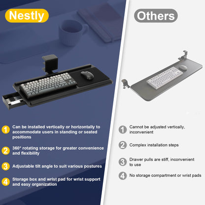 Upgraded Adjustable Keyboard Tray with Drawer for Above Desk & Under Desk Use, 25"×10.6" Ergonomic 360° Rotating Keyboard Stand with Wrist Rest, Clamp On Keyboard Platform for Office Gaming Studying