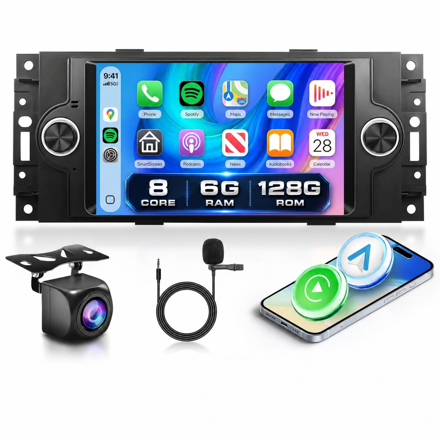 5G WiFi Car Stereo for Jeep Wrangler Compass Patriot Chrysler 300C Dodge Commander, 8 Core 6G+128G Touch Screen Radio with Wireless CarPlay Android Auto, GPS SWC Bluetooth FM RDS DSP Backup Camera