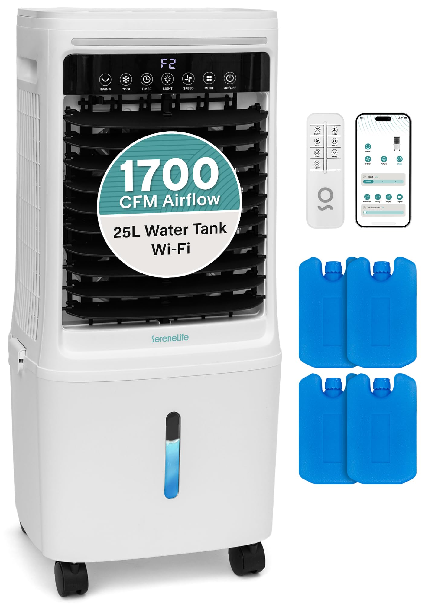 SereneLife Tower Fan, Smart Stand Up Bladeless Tower Fan with WiFi and Remote Control, 1700 CFM High Velocity Output, 25 Liter Detachable Water Tank, Boosted AC Flow with 4 Ice Packs Included