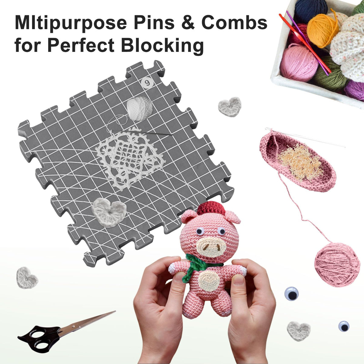 Blocking Mats for Knitting & Crochet: Upgraded Knitting Blocking Mat Double-Sided Design with 150 T-Pins and Storage Bag