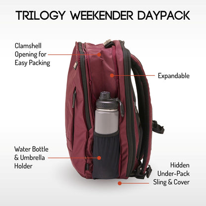 Trilogy Weekender Daypack I Opens like a suitcase, for easy packing. Expands into a 22-liter weekender. Hidden under-bag sling holds yoga mat, sleeping bag, and doubles as a rear cover (Zinfandel)