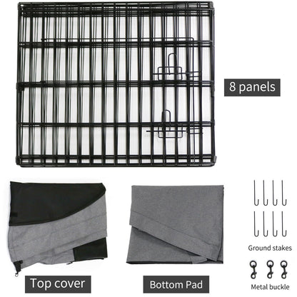 PETIME Foldable Metal Dog Exercise Pen/Pet Puppy Playpen Kennels Yard Fence Indoor/Outdoor 8 Panel 24" W with Top Cover and Bottom Pad (Playpen+Bottom+Top Cover, 8 Panels 24" H)