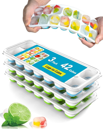 3 Pack Ice Cube Trays with Lids, Flexible Silicone Bottom for Easy Release, Stackable & Space-Saving Ice Molds, 1.2" Cubes Color-Coded (2 Green 1 Blue) for Juice, Coffee & Cocktails, BPA Free