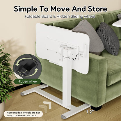 Gibbon Mounts 32inch Rolling Laptop Desk, 180° Tiltable Mobile Standing Desk Height Adjustable, Overbed Bedside Table, Portable Computer Desk with Lockable Wheels, Foldable Cart for Home Office, White