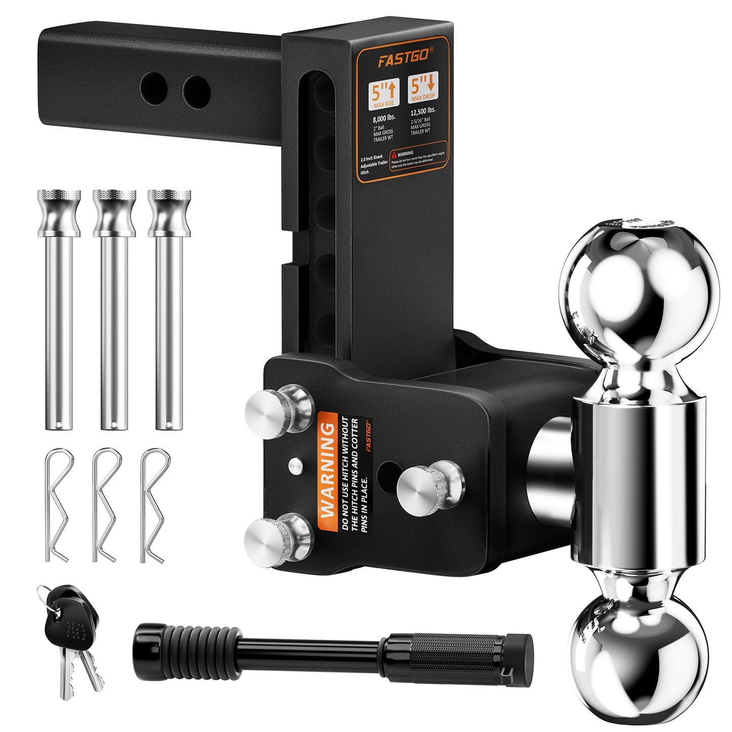 Fastgo Trailer Hitches - Fits 2" Receiver, Adjustable Trailer Hitch Ball Mount, Dual Ball (2" x 2-5/16") Tow Hitch, Drop Hitch, Truck Hitch, Anti-Theft, 5" Drop/Rise, 12500GTW